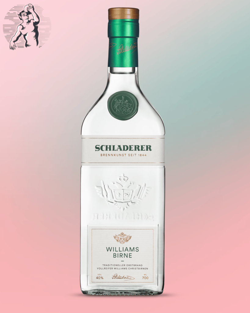 Flaska av Schladerer Williamsbirne Päronbrandy med tydlig etikett och logotyp