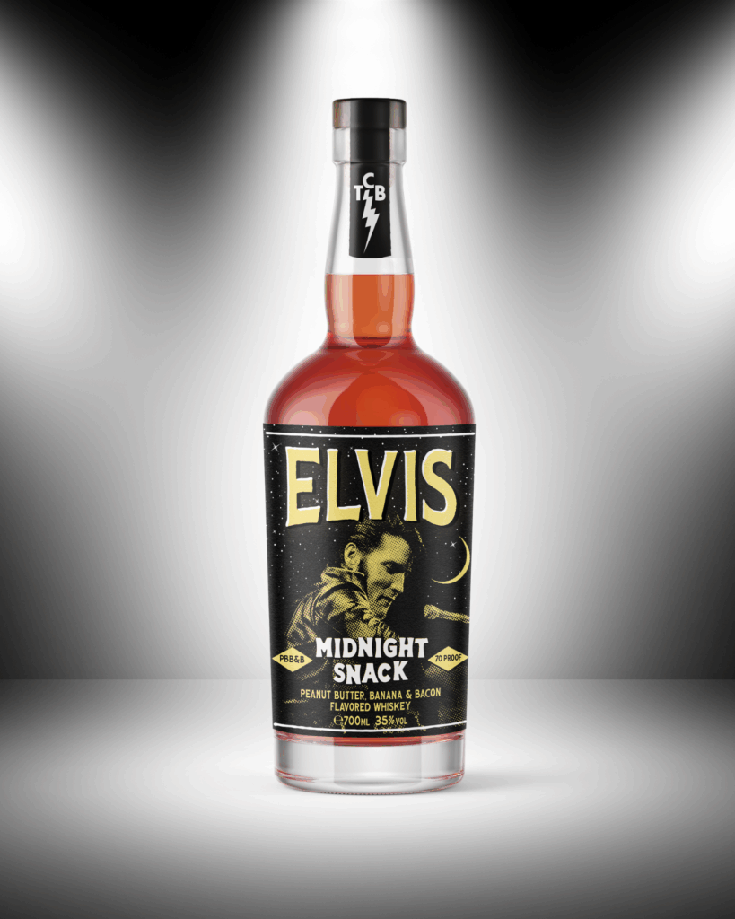 Elvis Midnight Snack – smaksatt whiskey 35 % med jordnötssmör, banan och bacon.